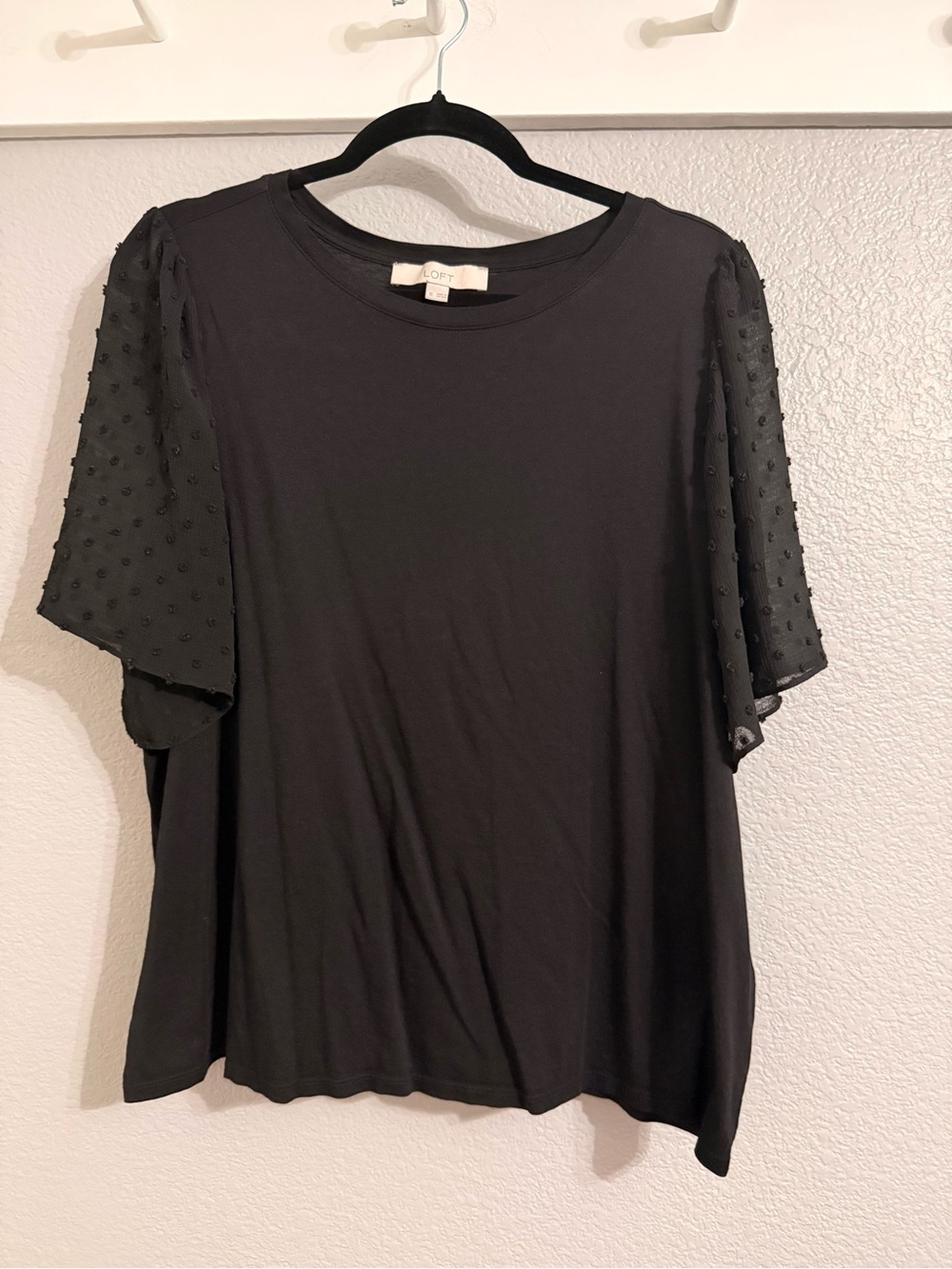 LOFT Black Short Sleeve Top with Swiss Dot Sheer Flutter Sleeves